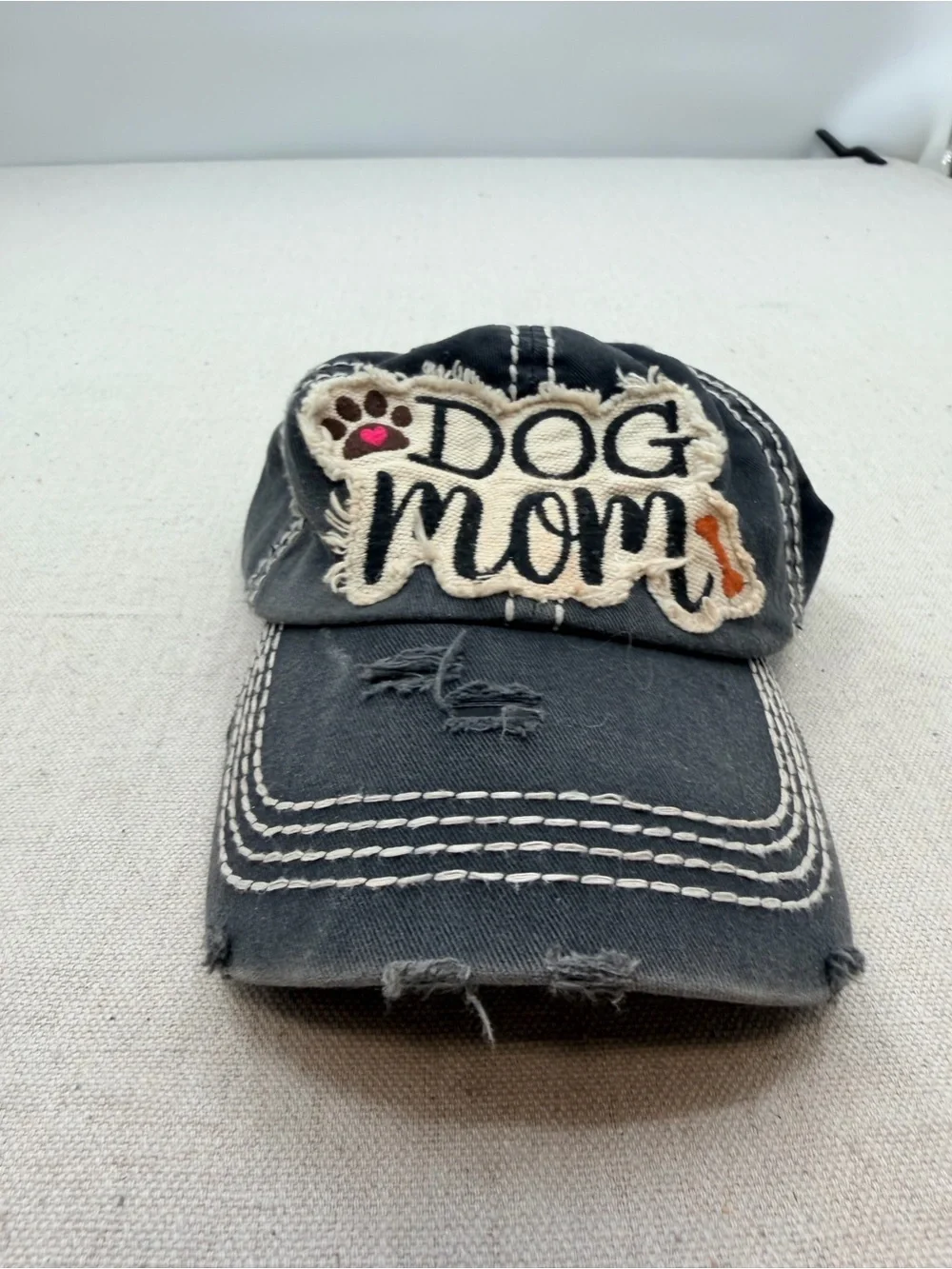 Dog Mom Distressed Black Baseball Cap with Embroidered Patch